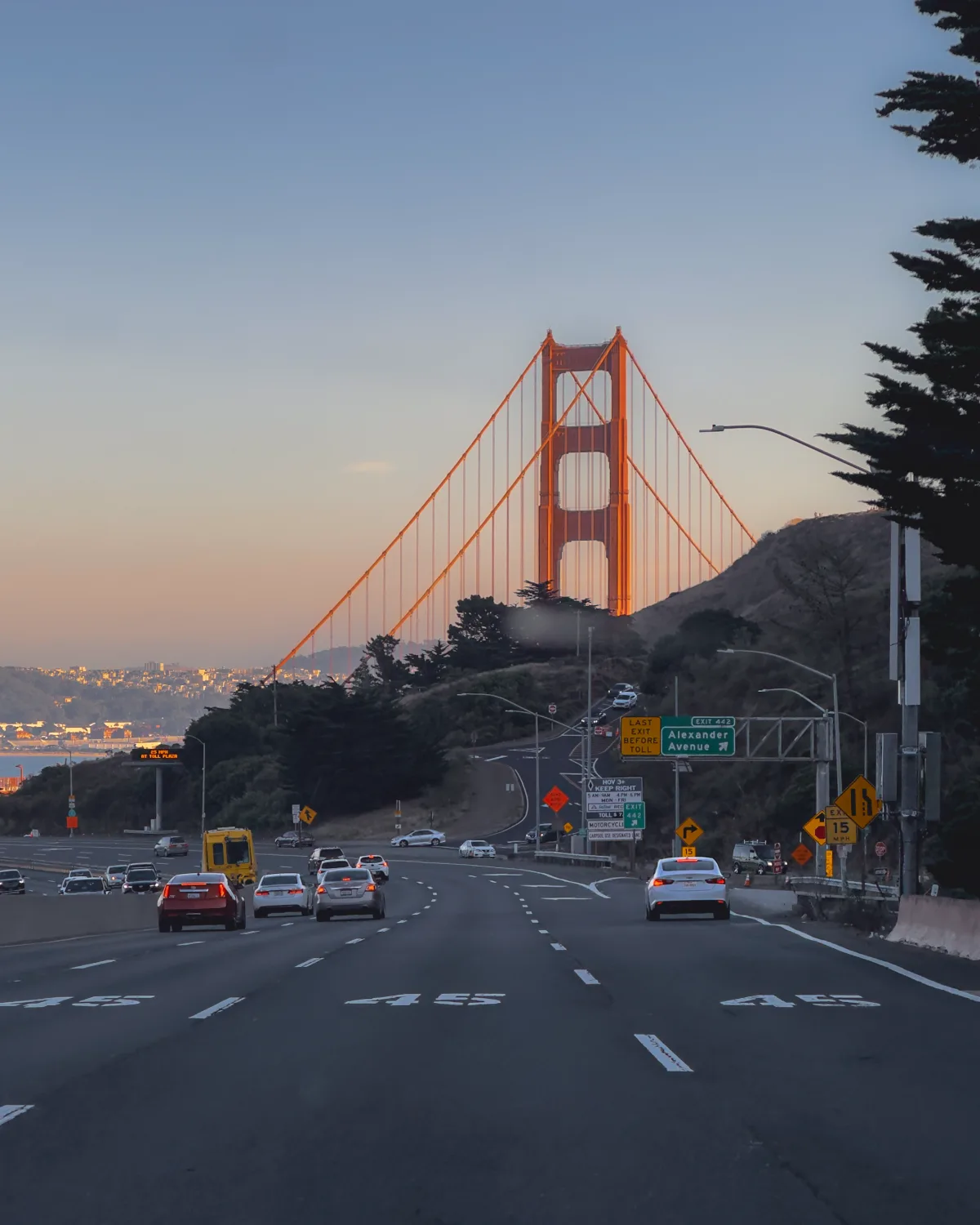 Golden Gate Bridge at dusk from the highway