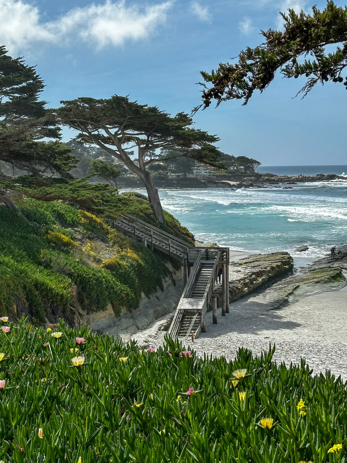 Wooden stairway down to a white-sand beach